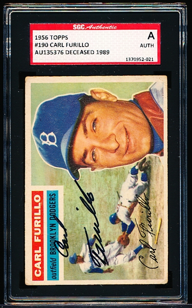 Autographed 1956 Topps Baseball- #190 Carl Furillo, Brooklyn- SGC Certified & Slabbed