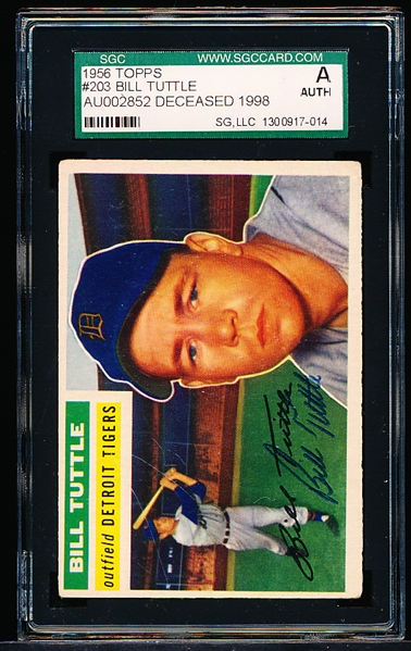 Autographed 1956 Topps Baseball- #203 Bill Tuttle, Tigers- SGC Certified & Slabbed