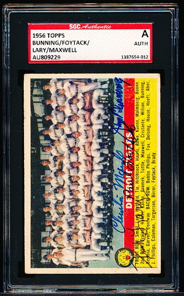 Autographed 1956 Topps Baseball- #213 Detroit Tigers Team with 4 Signatures!     - SGC Certified & Slabbed