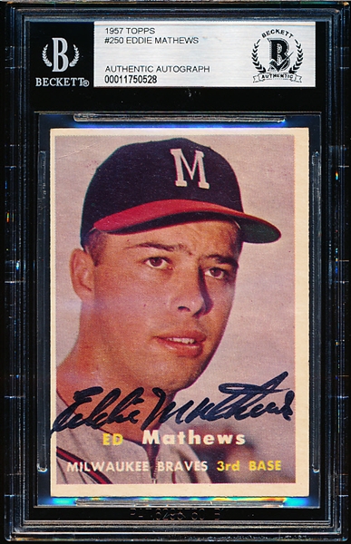 1957 Topps Baseball Autographed- #250 Eddie Mathews, Braves- Beckett Certified and Encapsulated