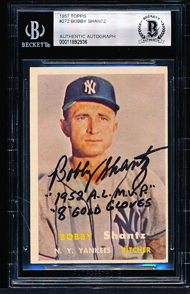 1957 Topps Baseball Autographed- #272 Bobby Shantz, Yankees- “Bobby Shantz 1952 AL MVP, 8 Gold Gloves”- Beckett Certified & Encapsulated