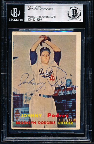 1957 Topps Baseball Autographed- #277 Johnny Podres, Dodgers- Beckett Certified & Encapsulated
