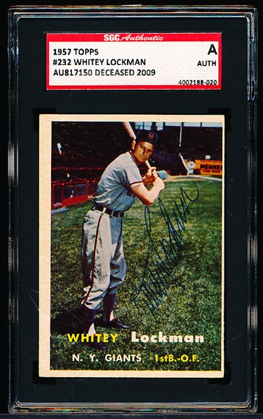 1957 Topps Baseball Autographed- #232 Whitey Lockman, Giants- SGC Certified & Encapsulated