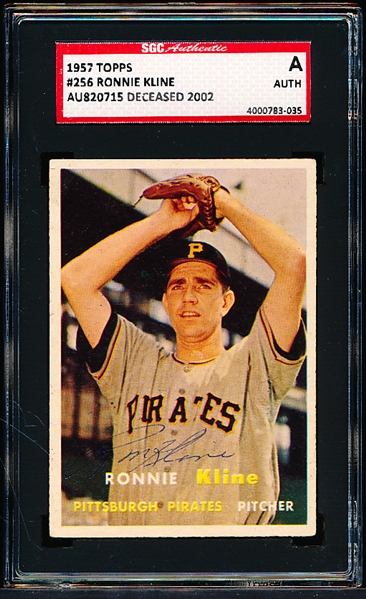 1957 Topps Baseball Autographed- #256 Ronnie Kline, Pirates- SGC Certified & Encapsulated