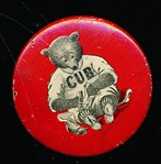 1920’s Cubs Shoe Polish Baseball Pin- 1-1/2” Red Color Pin with Cub polishing his shoes on front