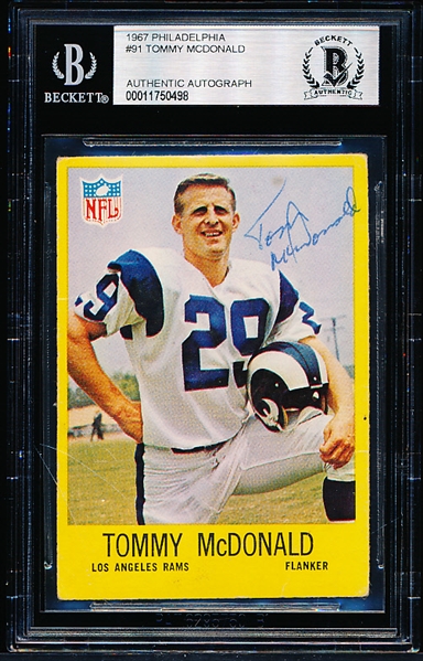 Autographed 1967 Philadelphia Ftbl. #91 Tommy McDonald- Beckett Certified/ Slabbed