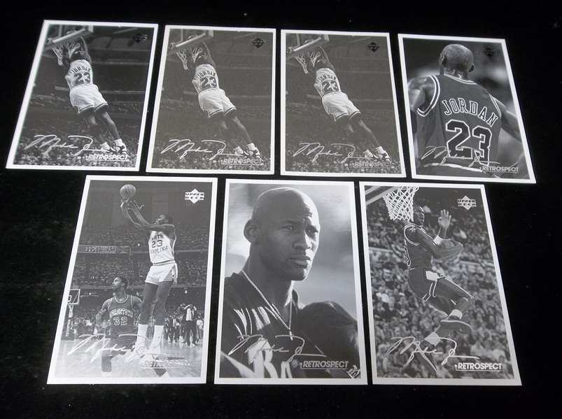 1998 Upper Deck Michael Jordan “Retrospect” 4” x 6” B & W Postcards- 7 Asst.