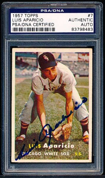 Autographed 1957 Topps Baseball- #7 Luis Aparicio, White Sox- PSA/ DNA Certified & Encapsulated