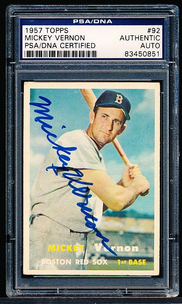 Autographed 1957 Topps Baseball- #92 Mickey Vernon, Boston Red Sox- PSA/ DNA Certified & Encapsulated