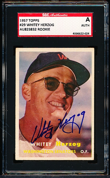 Autographed 1957 Topps Baseball- #29 Whitey Herzog, Washington Rookie! - SGC Certified & Encapsulated