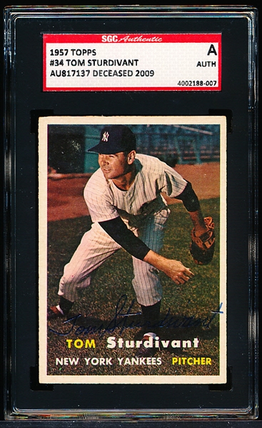 Autographed 1957 Topps Baseball- #34 Tom Sturdivant, Yankees- SGC Certified & Encapsulated