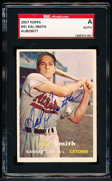 Autographed 1957 Topps Baseball- #41 Hal Smith, KC A’s- SGC Certified & Encapsulated