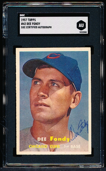 Autographed 1957 Topps Baseball- #42 Dee Fondy, Cubs- SGC Certified & Encapsulated