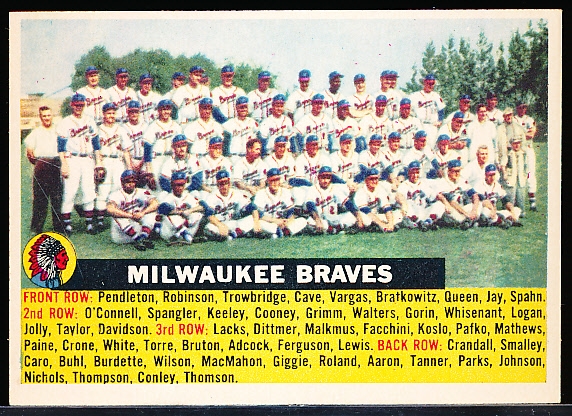 1956 Topps Baseball- #95 Milwaukee Braves Team- Name Centered- White Back