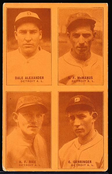 1929/30 “4 in 1” Baseball Exhibit with Postcard Back- Peach/ Orange Color- Detroit A.L.- Dale Alexander, McManus, H. F. Rice, C. Gehringer