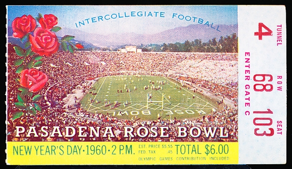 1960 Rose Bowl College Ftbl. Ticket Stub- Wisconsin vs. Washington