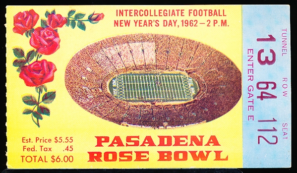 1962 Rose Bowl College Ftbl. Ticket Stub- Minnesota vs. UCLA