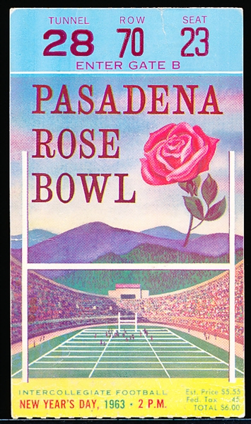 1963 Rose Bowl College Ftbl. Ticket Stub- Wisconsin vs. USC