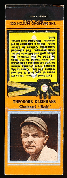 1934 Diamond Matchbook Bb- Silver Border with Striker- Theodore Kleinhans, Reds
