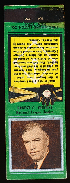 1934 Diamond Matchbook Bb- Silver Border with Striker- Ernest Quigly, Umpire