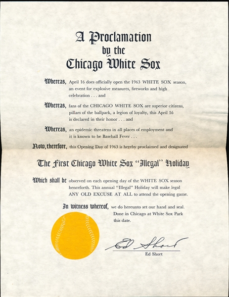 April 16, 1963 Chicago White Sox MLB Opening Day Home Game Proclamation Document