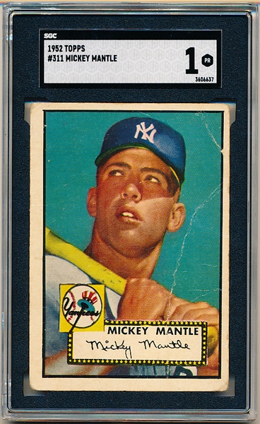 1952 Topps Baseball- #311 Mickey Mantle, Yankees- HI#- SGC 1 (Poor)