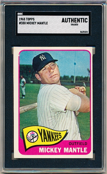 1965 Topps Baseball- #350 Mickey Mantle, Yankees- SGC Authentic (Erased)