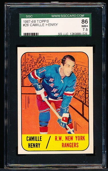 1967-68 Topps Hockey- #26 Camille Henry, Rangers- SGC 86 (NM+ 7.5)