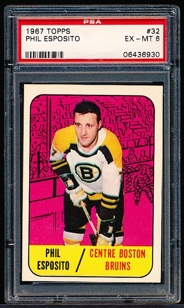 1967-68 Topps Hockey- #32 Phil Esposito, Bruins- PSA Ex-Mt 6