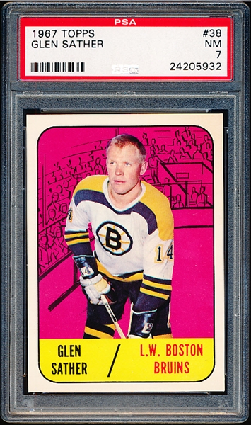 1967-68 Topps Hockey- #38 Glen Sather, Bruins- PSA NM 7