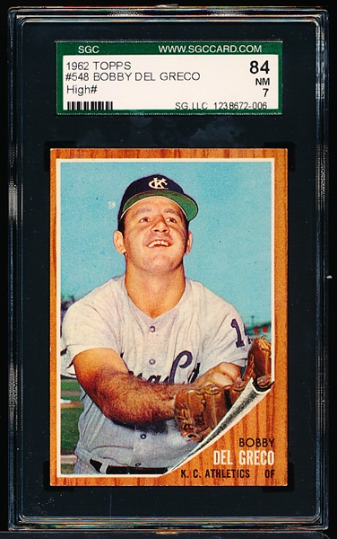 1962 Topps Baseball- #548 Bobby Del Greco, KC A’s- Hi# - SGC 84 (7 NM)