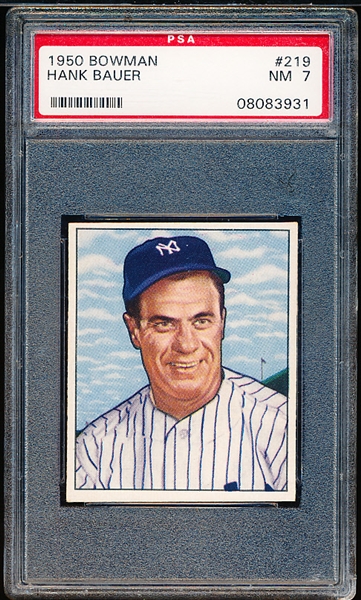 1950 Bowman Baseball- #219 Hank Bauer RC, Yankees- PSA NM 7- with copyright back.