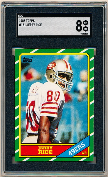 1986 Topps Ftbl.- #161 Jerry Rice RC, 49ers- SGC 8 (Nm-Mt)