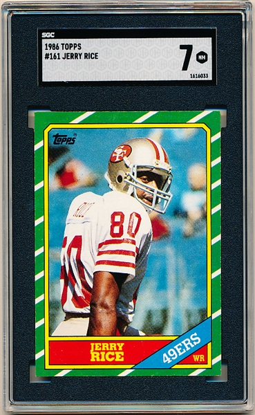 1986 Topps Ftbl.- #161 Jerry Rice RC, 49ers- SGC 7 (NM)