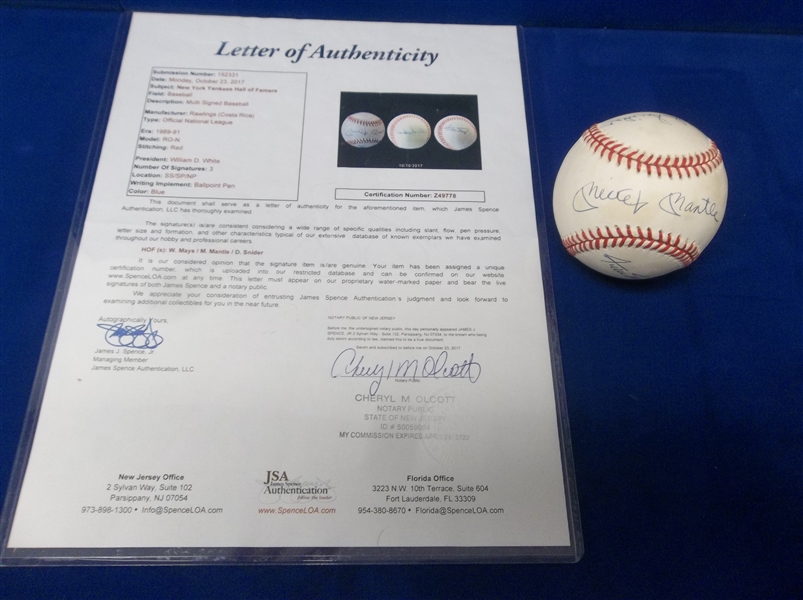 Autographed Willie, Mickey, & The Duke Official NL MLB Baseball- JSA Letter Certified