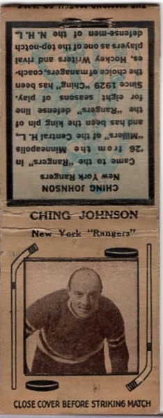 1935-36 Diamond Matchbook- Hockey- Tan Series 1- Ching Johnson, New York Rangers