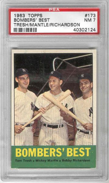 1963 Topps Baseball- #173 Bombers’ Best- Tresh/ Mickey Mantle/ Richardson- PSA NM 7 