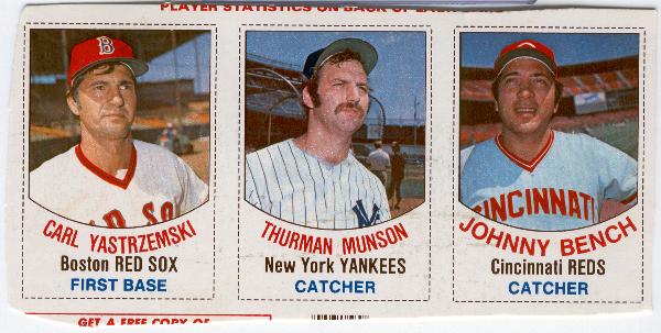1977 Hostess Baseball 3-Card Uncut Box Panel- #4 Yaz/ 5 Munson/ 6 Bench