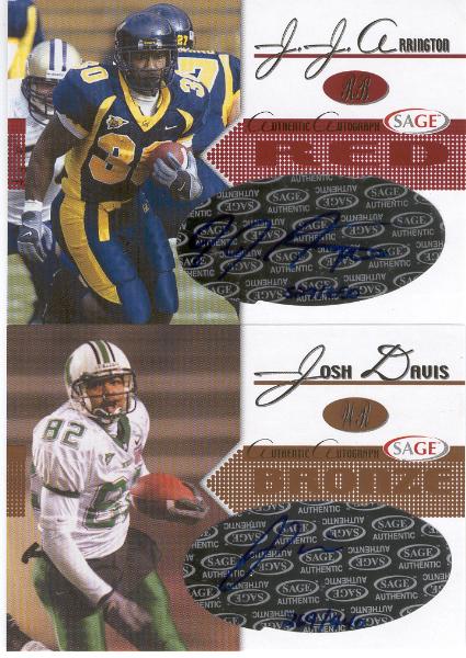 2005 Sage Ftbl.- 2 Diff. "Autographs"- Red #A2 J.J. Arrington(Cal #529/650) & Bronze #A12 Josh Davis(Marshall #269/440)