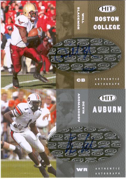 2006 Sage Hit Ftbl.- 2 Diff. Autographs- #A27 Devin Aromashodu(Auburn) & #A49 Will Blackmon(Boston College)