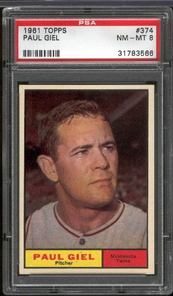 1961 Topps Bb- #374 Paul Giel, Twins- PSA Nm-Mt 8 