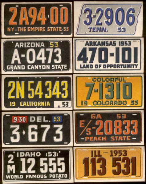 1953 Topps – License Plates- 10 Diff.