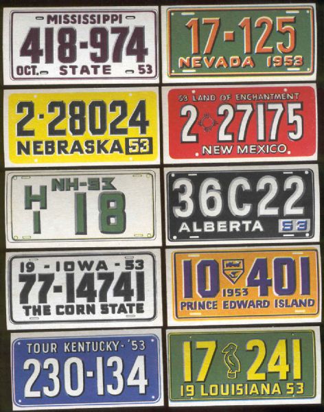 1953 Topps – License Plates- 10 Diff.
