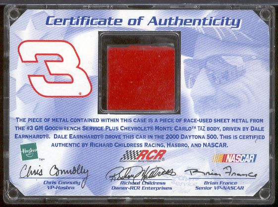 2000 Hasbro Racing- Piece of Metal from Dale Earnhardt Sr.’s #3 Chevy Monte Carlo “Taz” Car