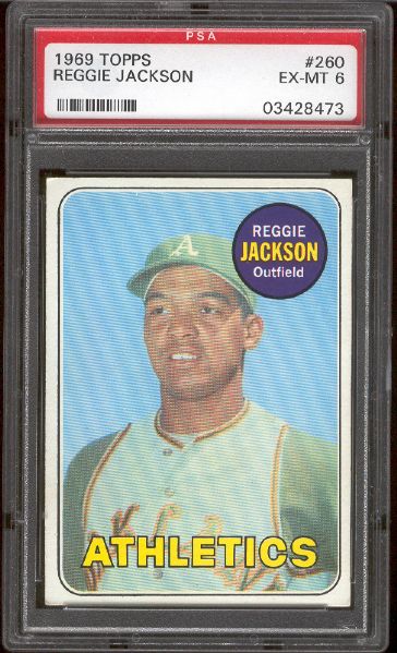 1969 Topps Baseball- #260 Reggie Jackson, A’s- Rookie!- PSA Ex-Mt 6 