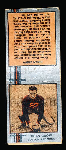 1933 Diamond Matchbooks Ftbl. Silver- Orien Crow, Boston Redskins