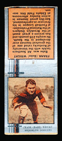 1933 Diamond Matchbooks Ftbl. Silver- Frank Wright, Brooklyn Dodgers