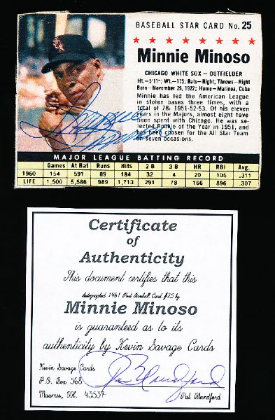 1961`Post Bsbl. #25 Minnie Minoso, White Sox- Autographed