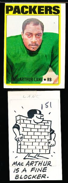 1972 Topps Ftbl. Original Card Cartoon Art- #151 MacArthur Lane, Packers
