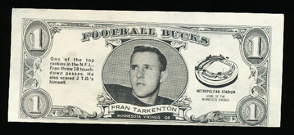 1962 Topps Ftbl. “Football Bucks” #33 Fran Tarkenton, Vikings